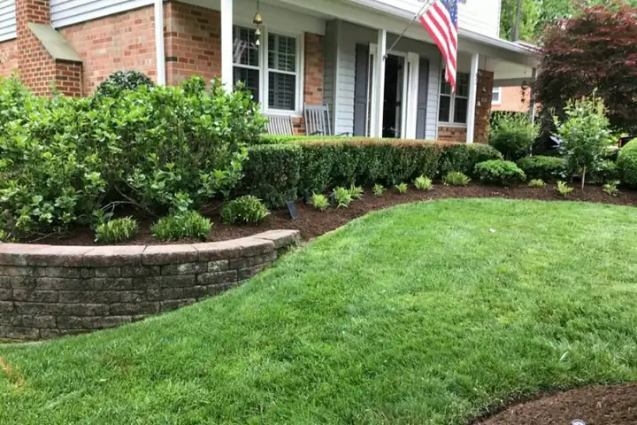 A front lawn running up to a mulched foundation bed along a low retaining wall